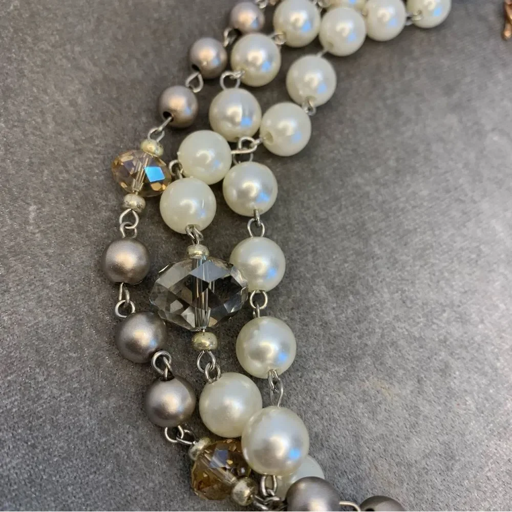 Faux pearl bead triple strand layered necklace wedding prom formal